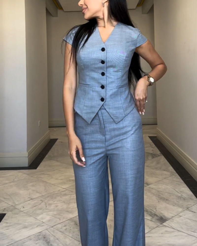 Corvelle | V-Neck Blouse & Pants Set