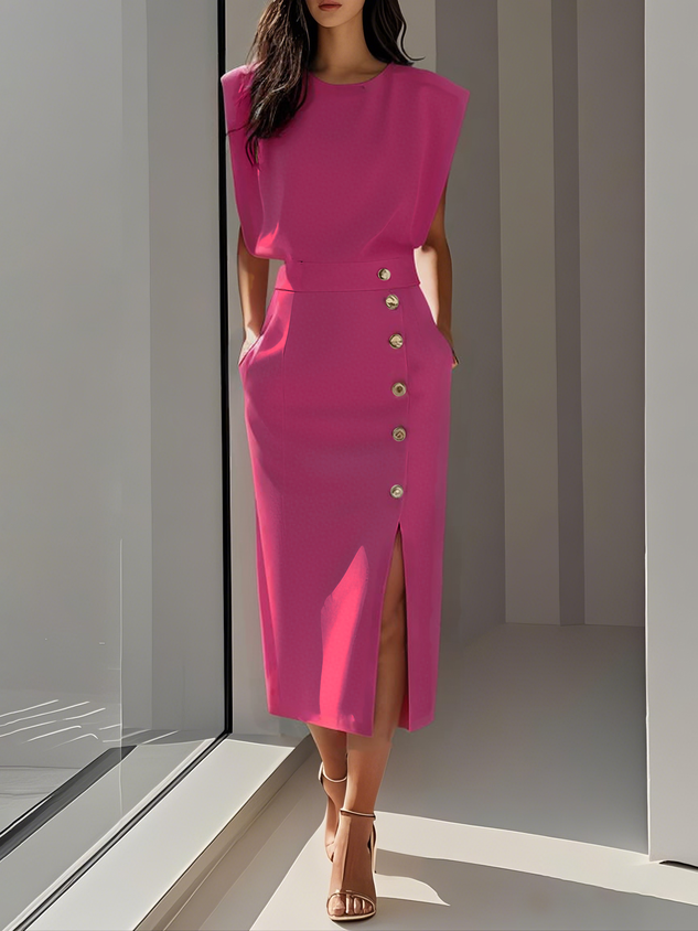 Coraline | Solid Button-Slit Midi Dress
