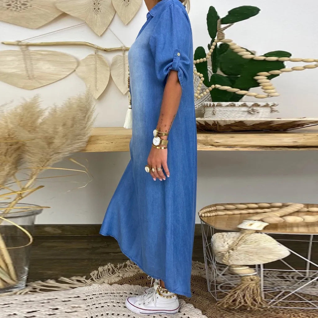 Serenya | Long Dress In Denim Look