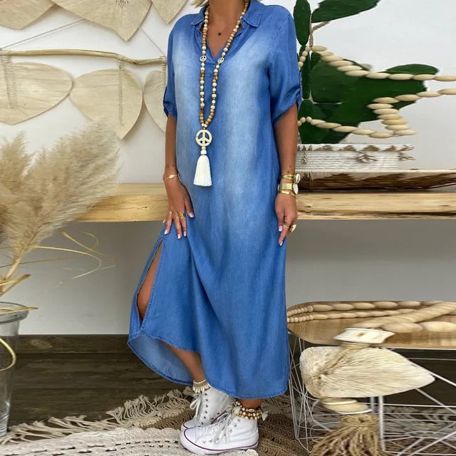 Serenya | Long Dress In Denim Look