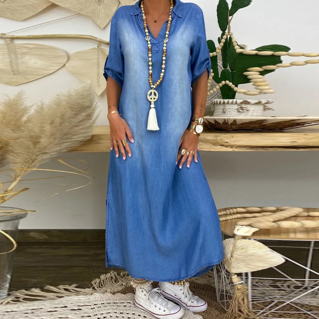 Serenya | Long Dress In Denim Look