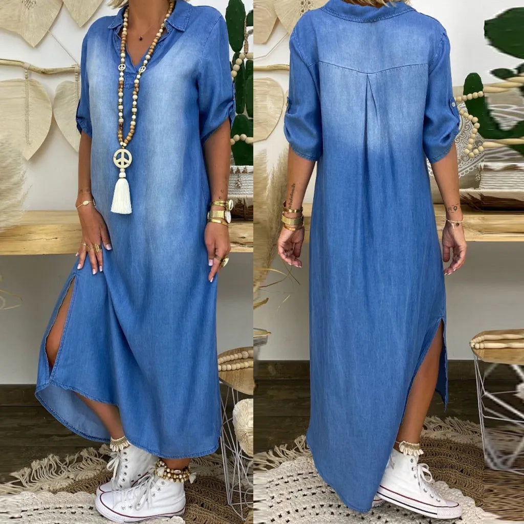 Serenya | Long Dress In Denim Look