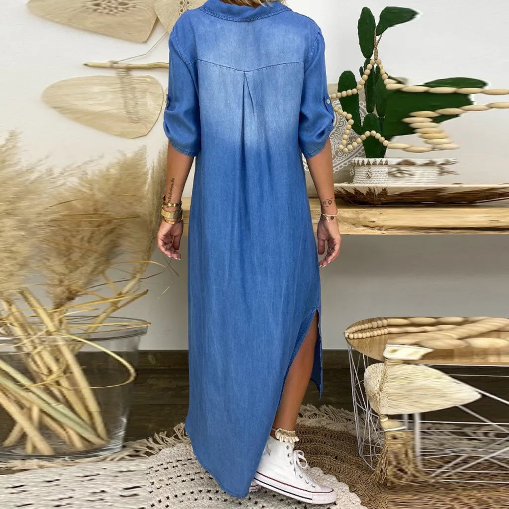 Serenya | Long Dress In Denim Look