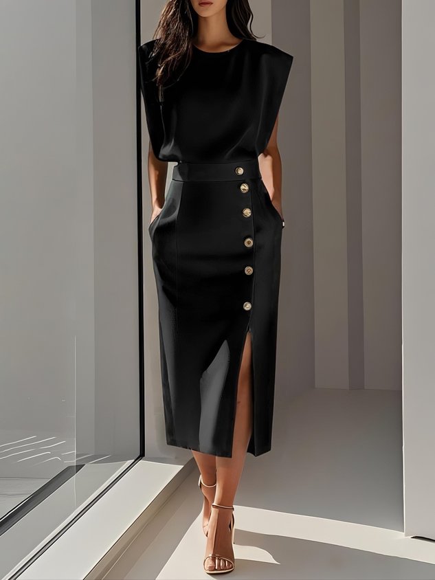 Coraline | Solid Button-Slit Midi Dress