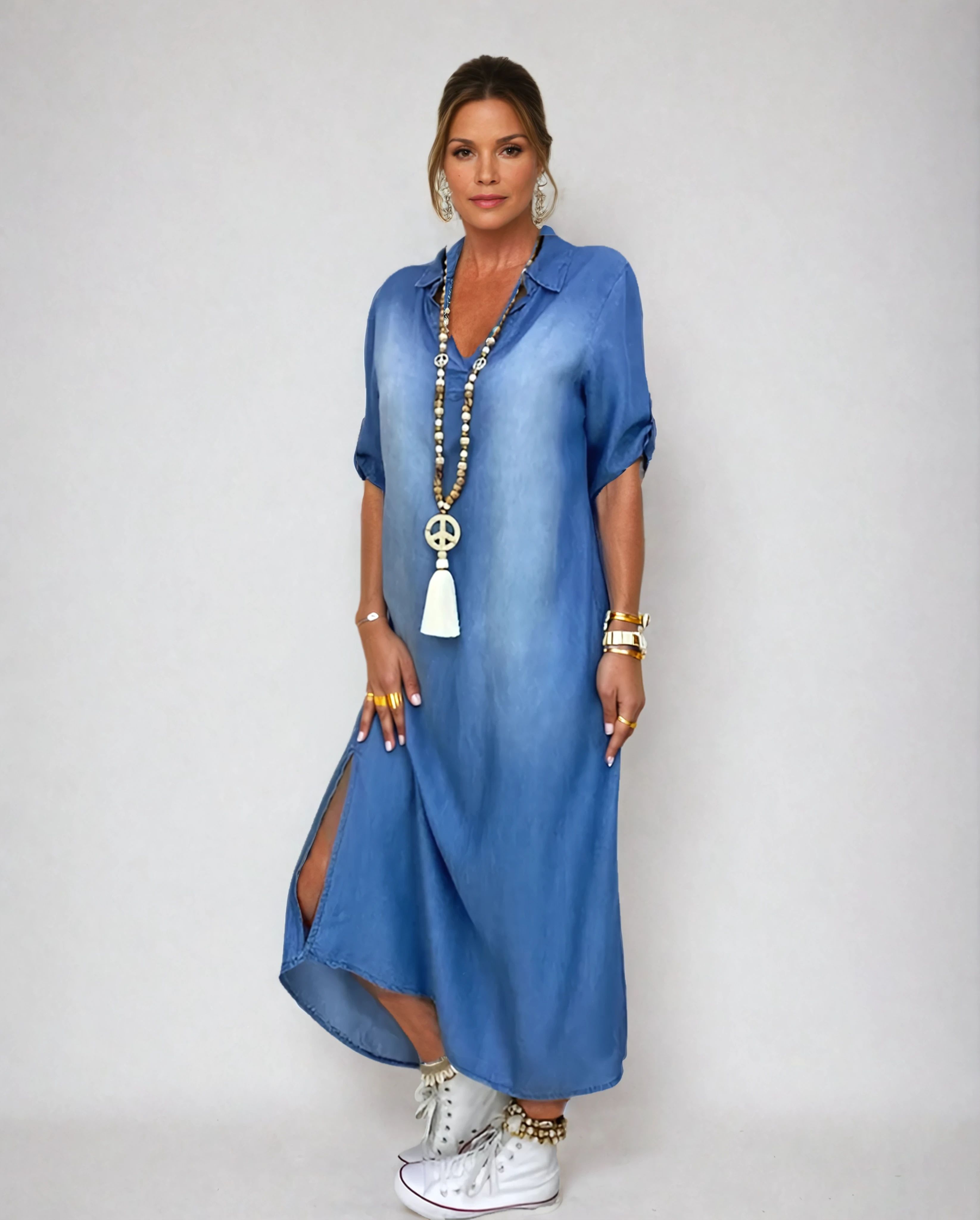 Serenya | Long Dress In Denim Look