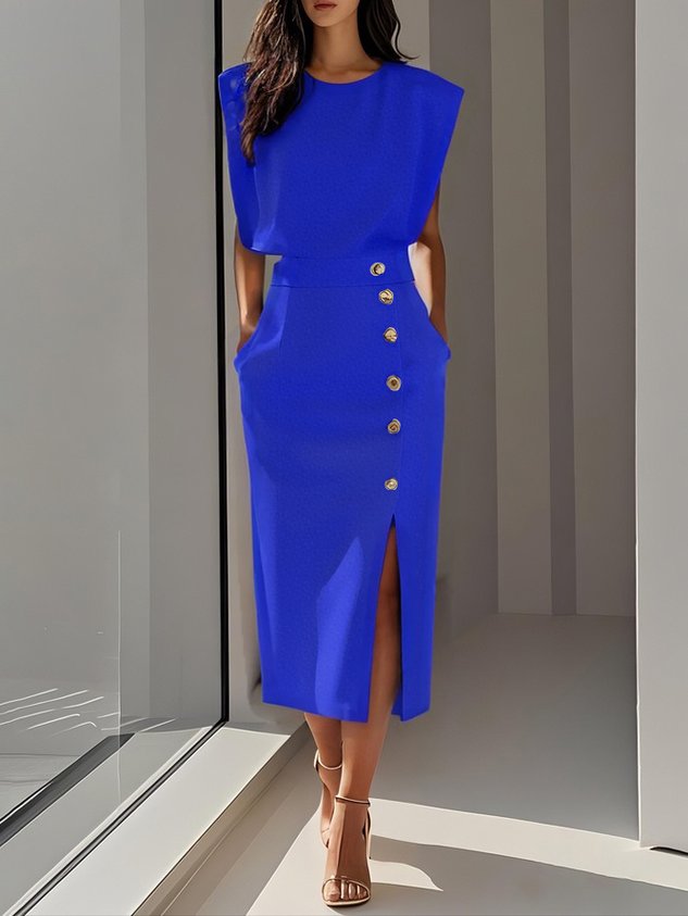 Coraline | Solid Button-Slit Midi Dress