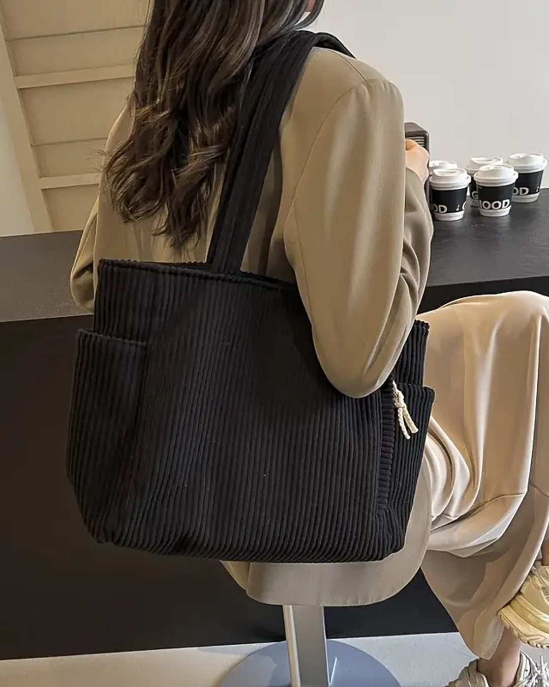 Amoria | Ribbed Tote Bag with Cord Detail