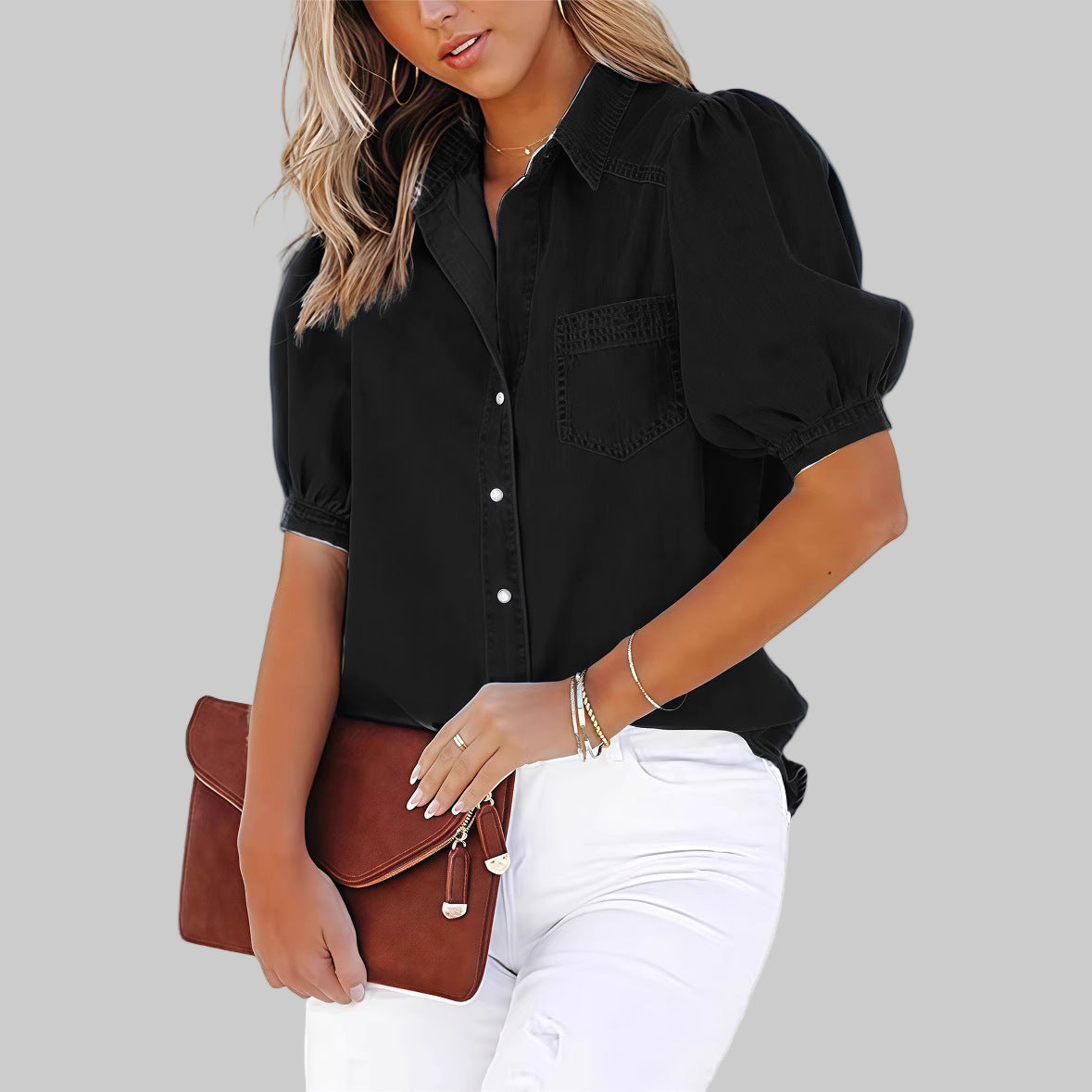 Althea | Casual Bubble Sleeve Button Down Top