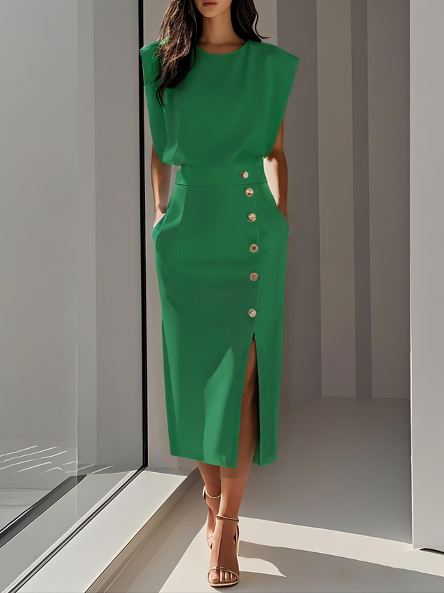 Coraline | Solid Button-Slit Midi Dress