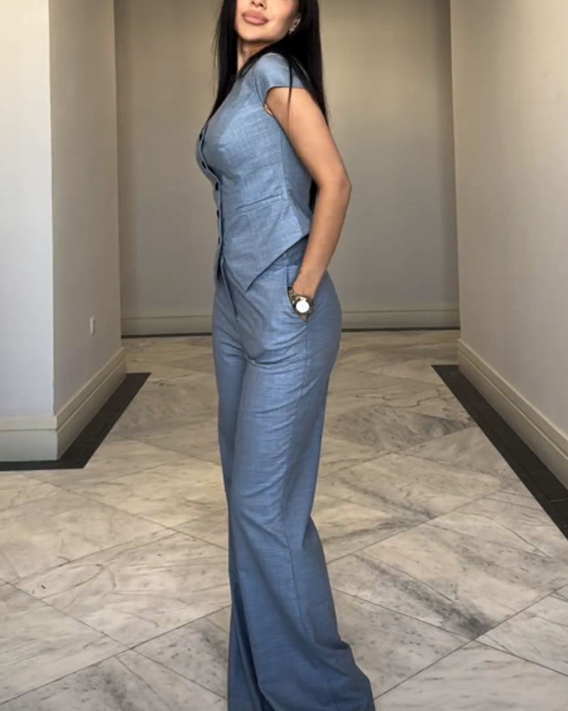 Corvelle | V-Neck Blouse & Pants Set