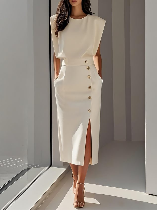Coraline | Solid Button-Slit Midi Dress